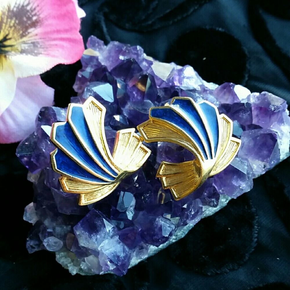 Vintage blue enamel and goldtone earrings